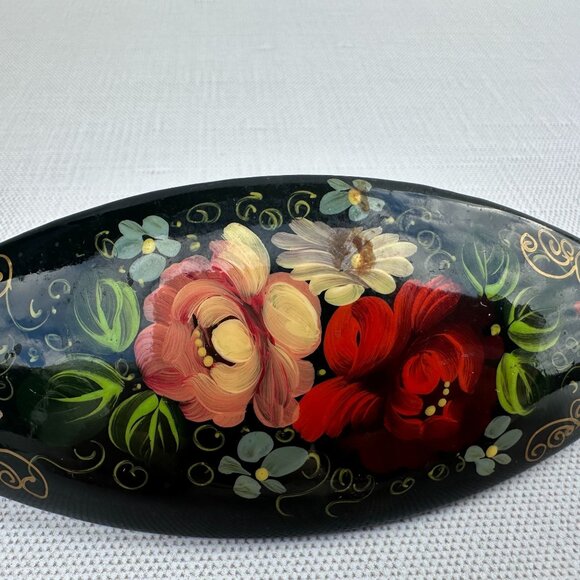 Hand Painted Lacquer Hair Barrette — Floral Russian Folk Art Style 4" Clip - Picture 3 of 12